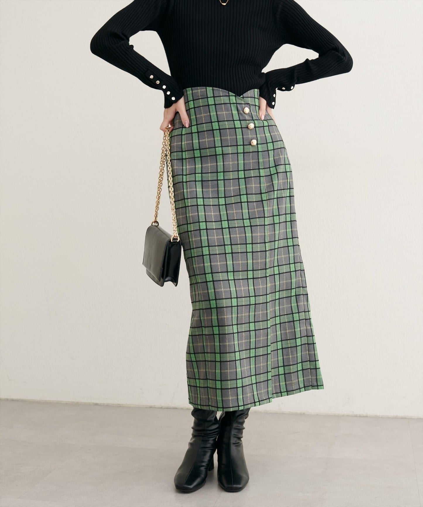 【natural couture】設計紐扣假兩件格紋半身裙