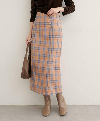 【natural couture】設計紐扣假兩件格紋半身裙