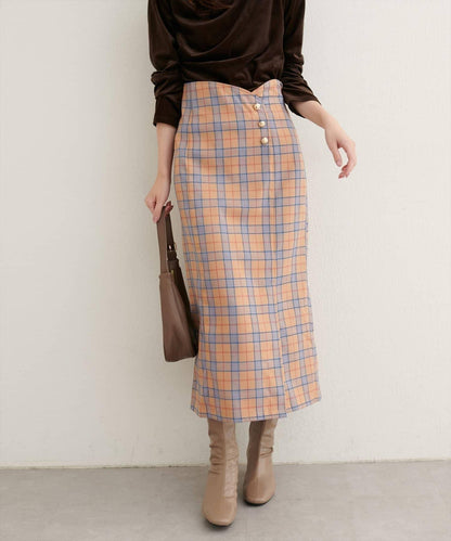 【natural couture】設計紐扣假兩件格紋半身裙