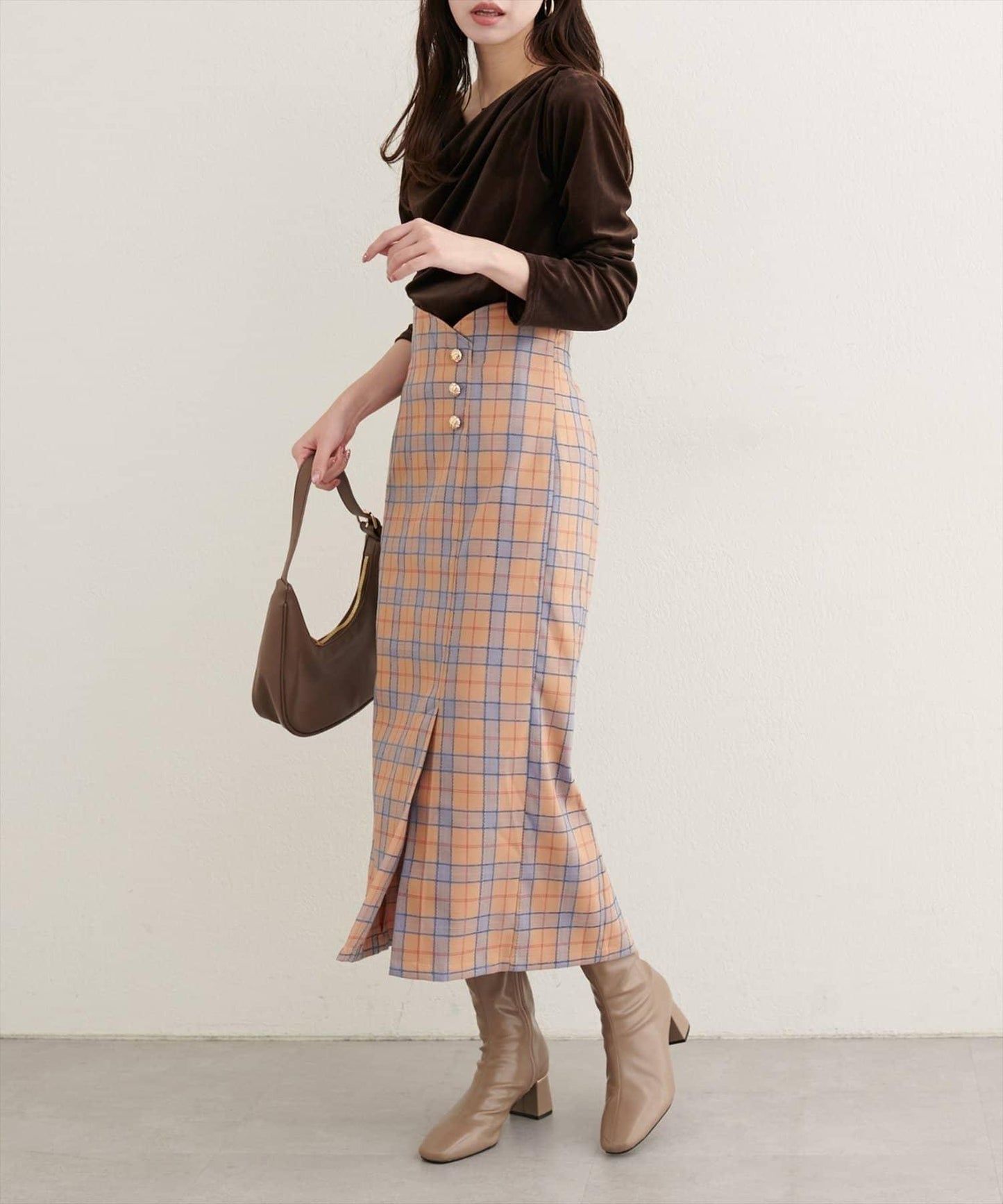 【natural couture】設計紐扣假兩件格紋半身裙