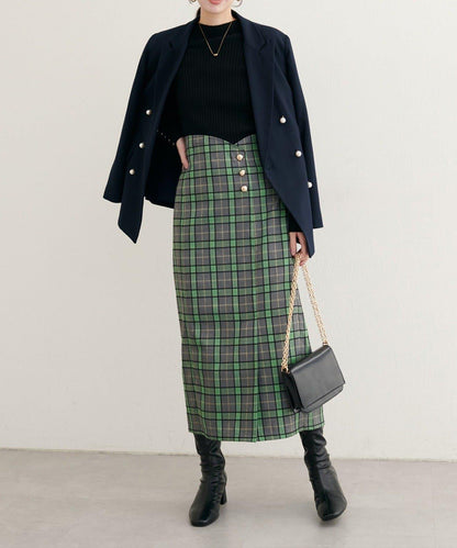 【natural couture】設計紐扣假兩件格紋半身裙