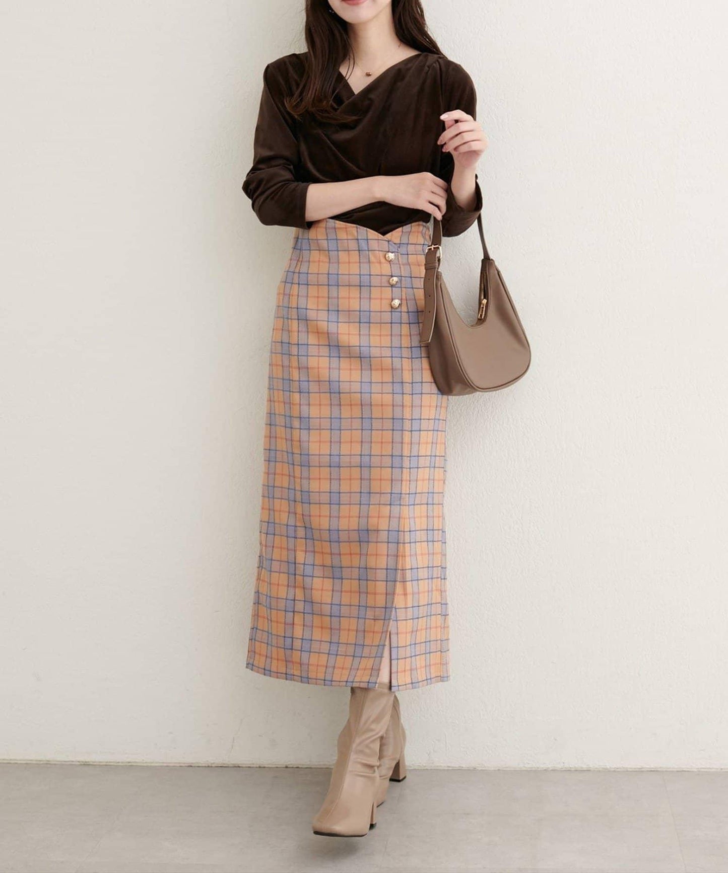 【natural couture】設計紐扣假兩件格紋半身裙