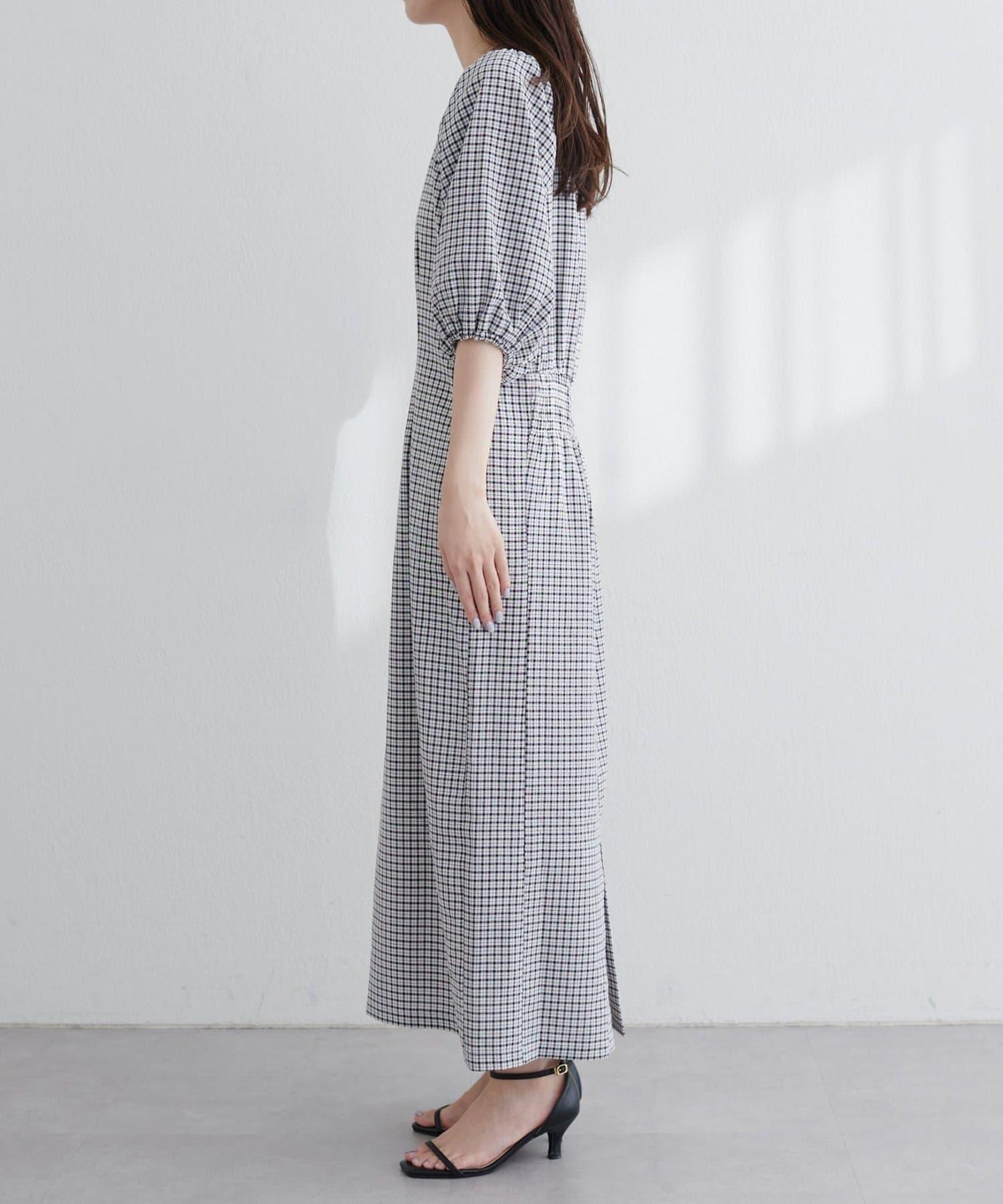 【natural couture】立體格紋泡泡袖連衣裙