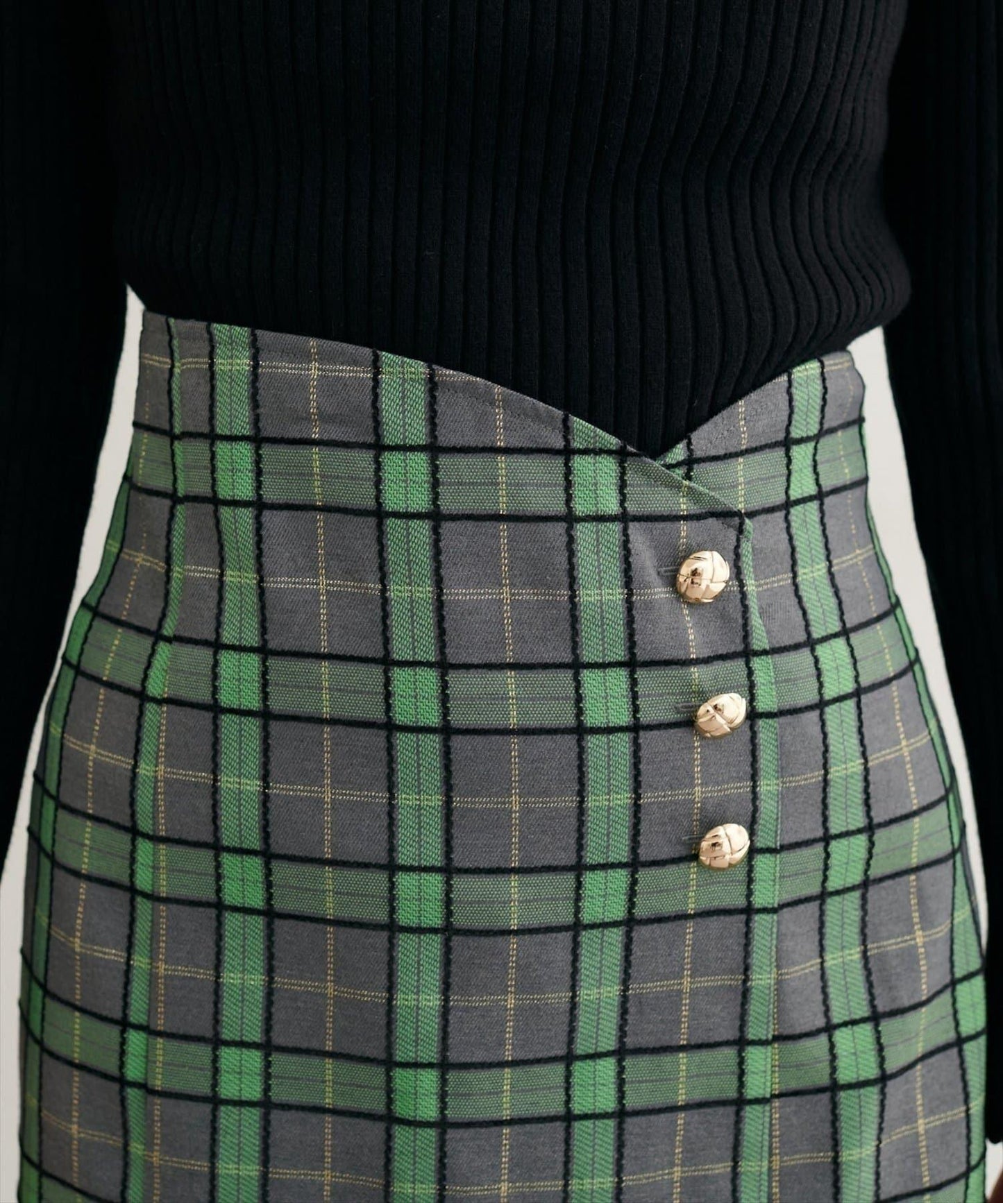 【natural couture】設計紐扣假兩件格紋半身裙