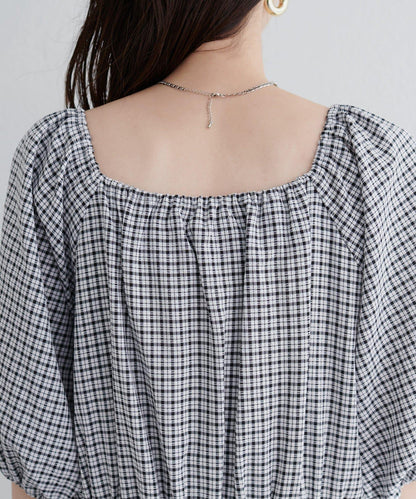 【natural couture】立體格紋泡泡袖連衣裙