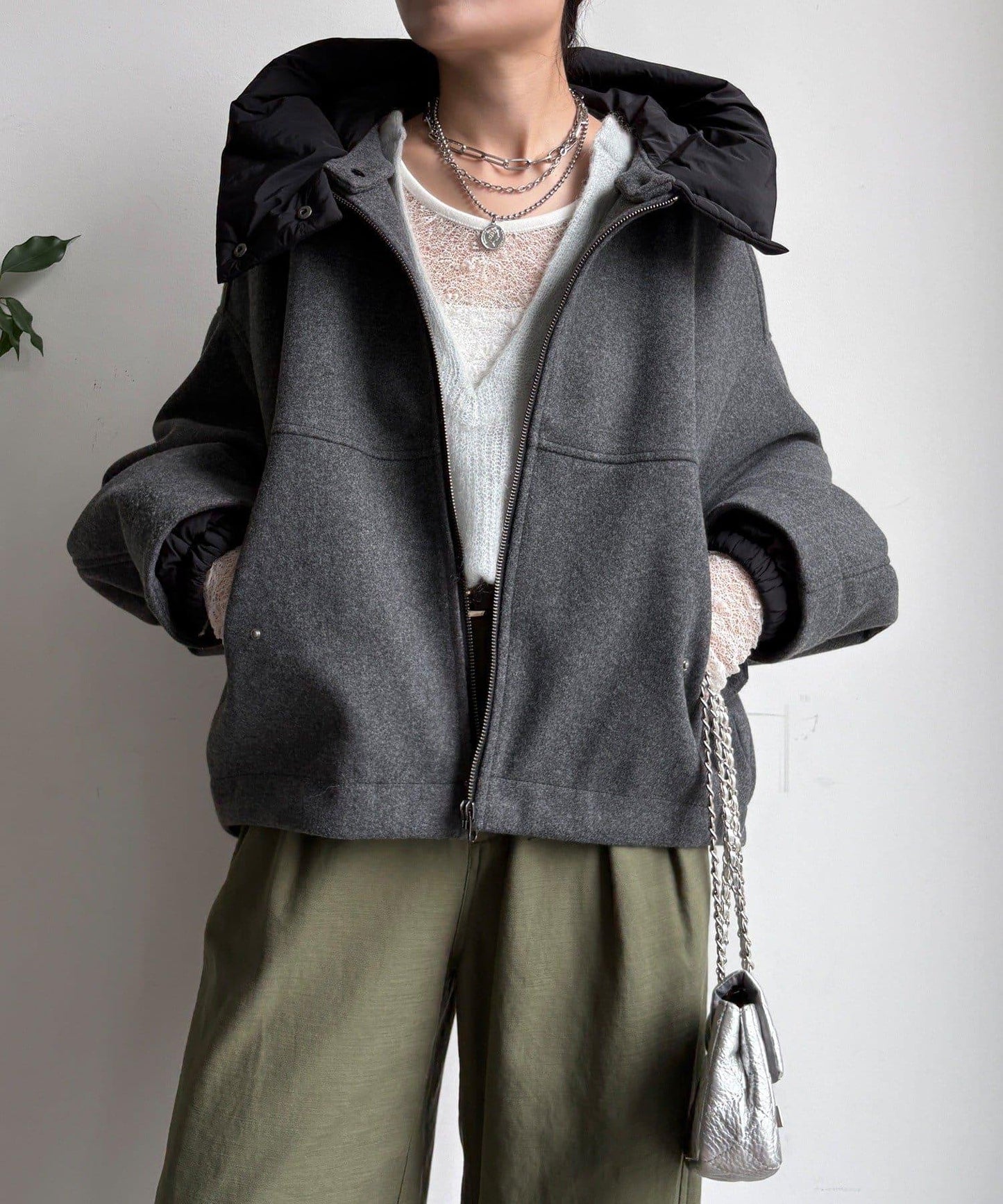 法蘭絨拼接塔夫綢短夾克