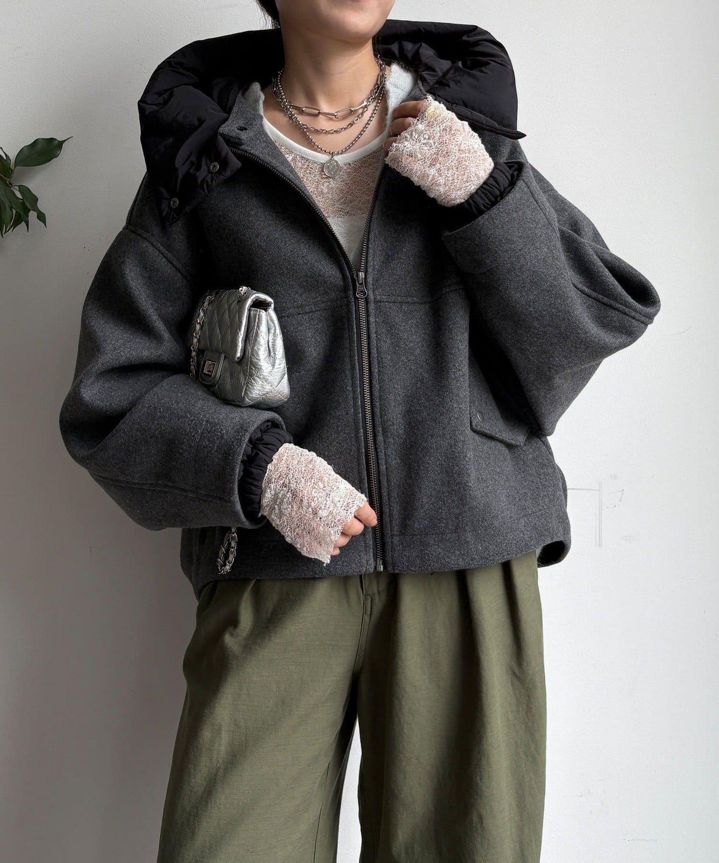 法蘭絨拼接塔夫綢短夾克