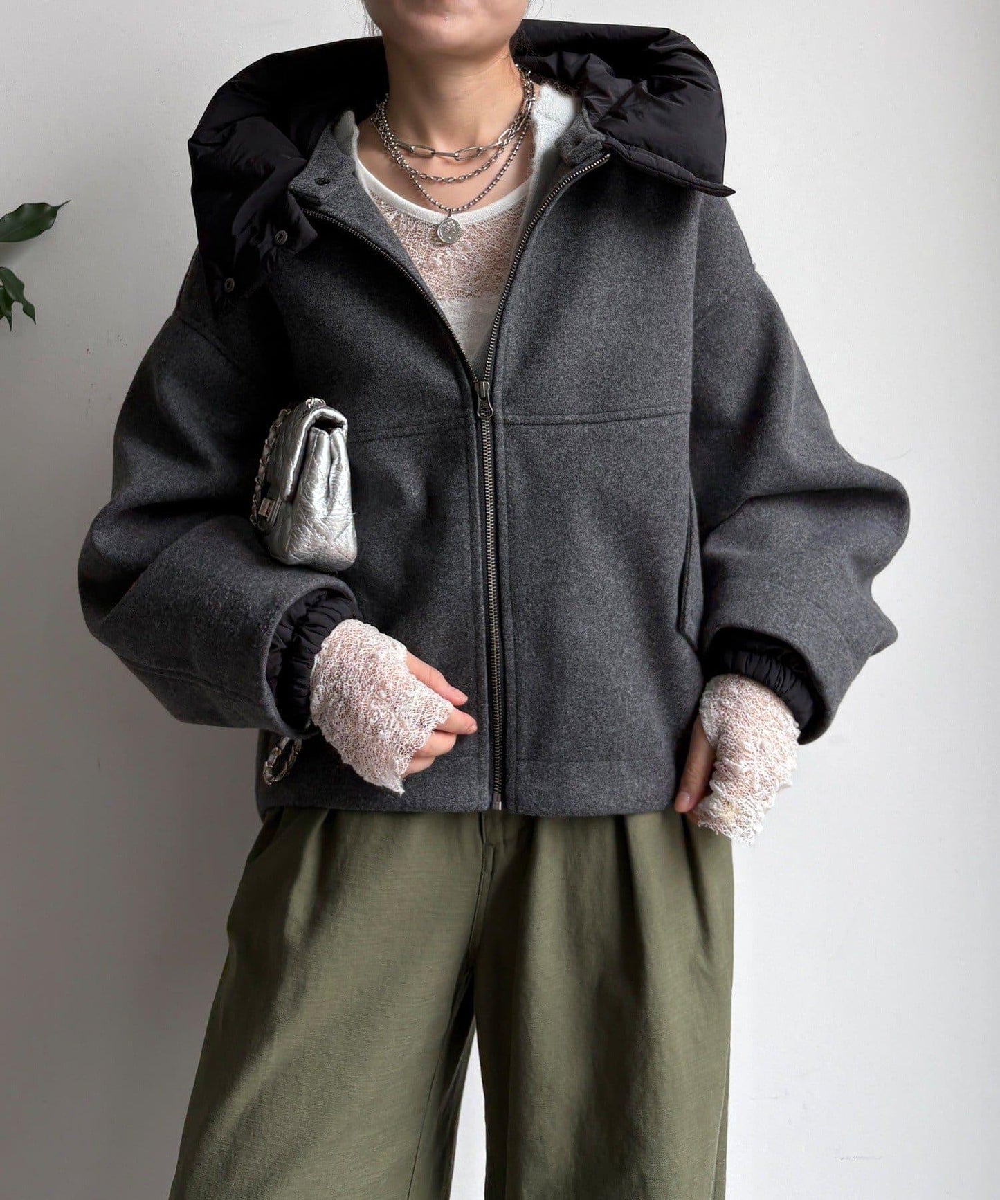 法蘭絨拼接塔夫綢短夾克