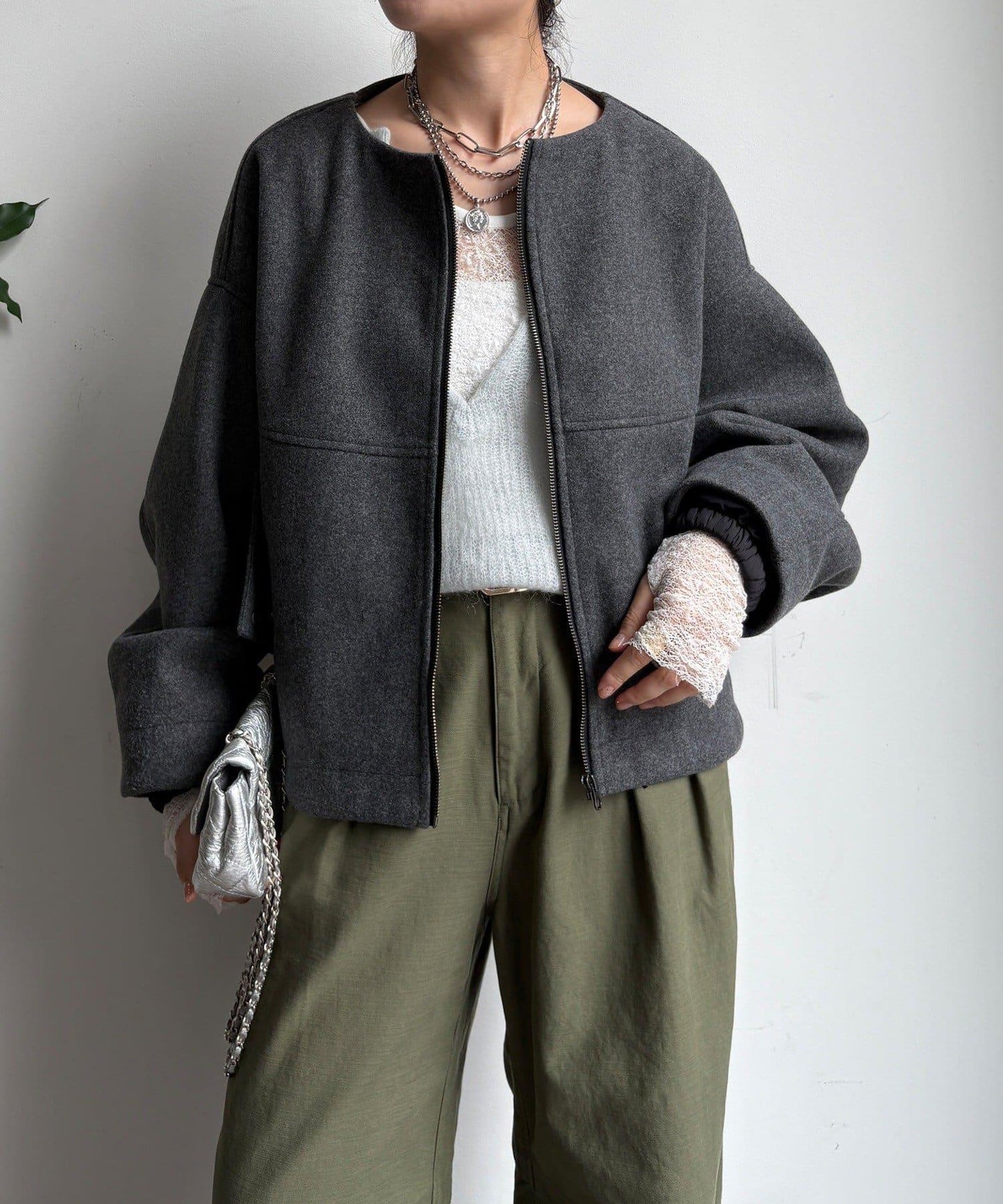 法蘭絨拼接塔夫綢短夾克