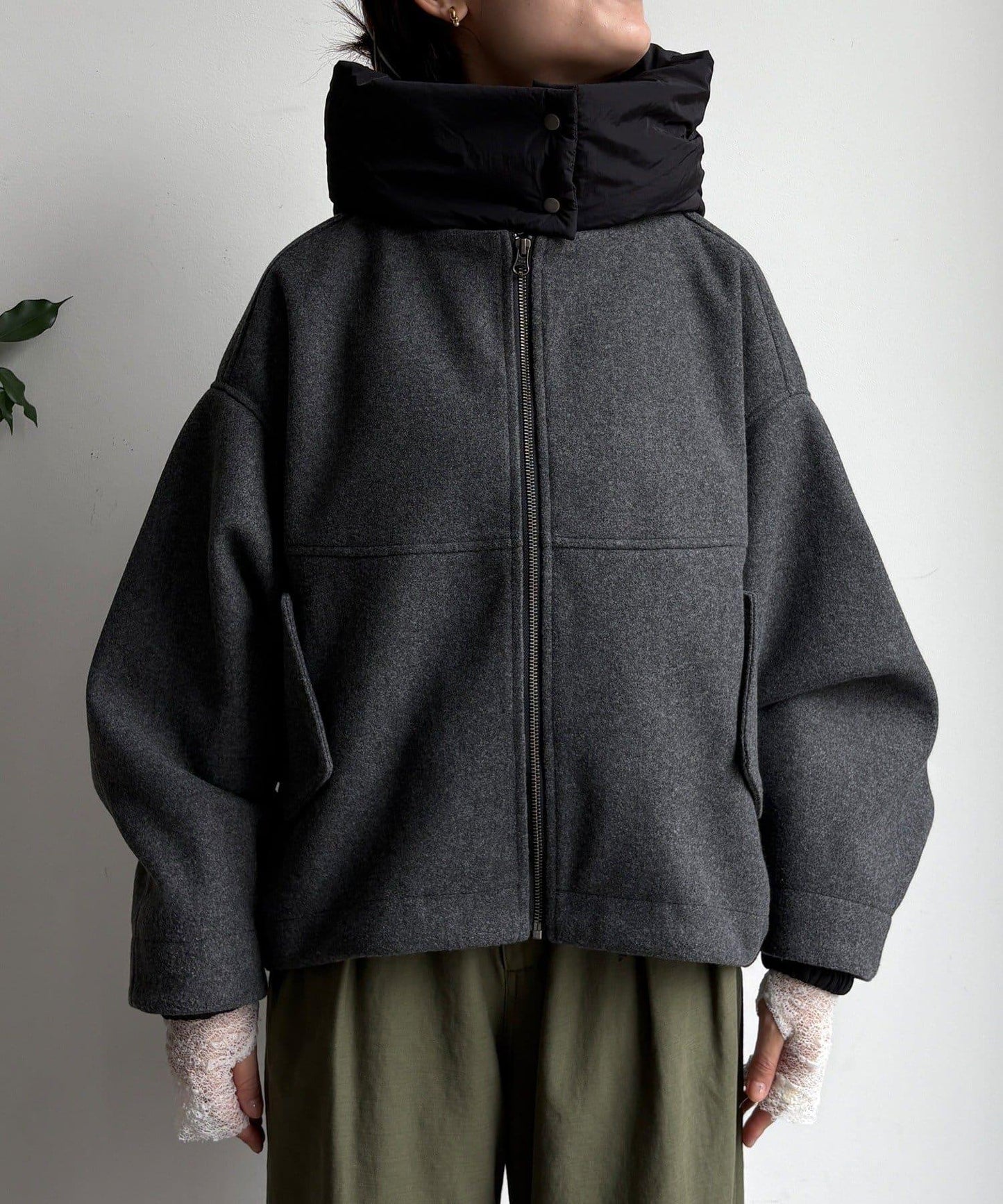 法蘭絨拼接塔夫綢短夾克