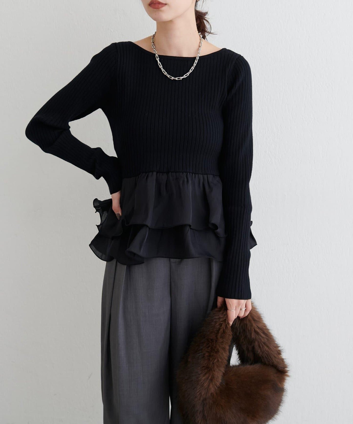 前後兩穿荷葉邊針織衫