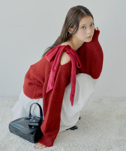 【復刻】天鵝絨蝴蝶結單肩寬鬆針織衫