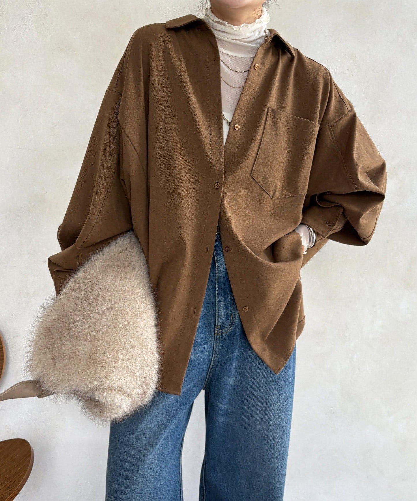 羊毛風寬鬆蝙蝠袖大襯衫