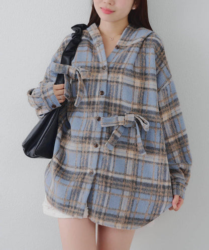 【RMAF】帶蝴蝶結格子連帽襯衫