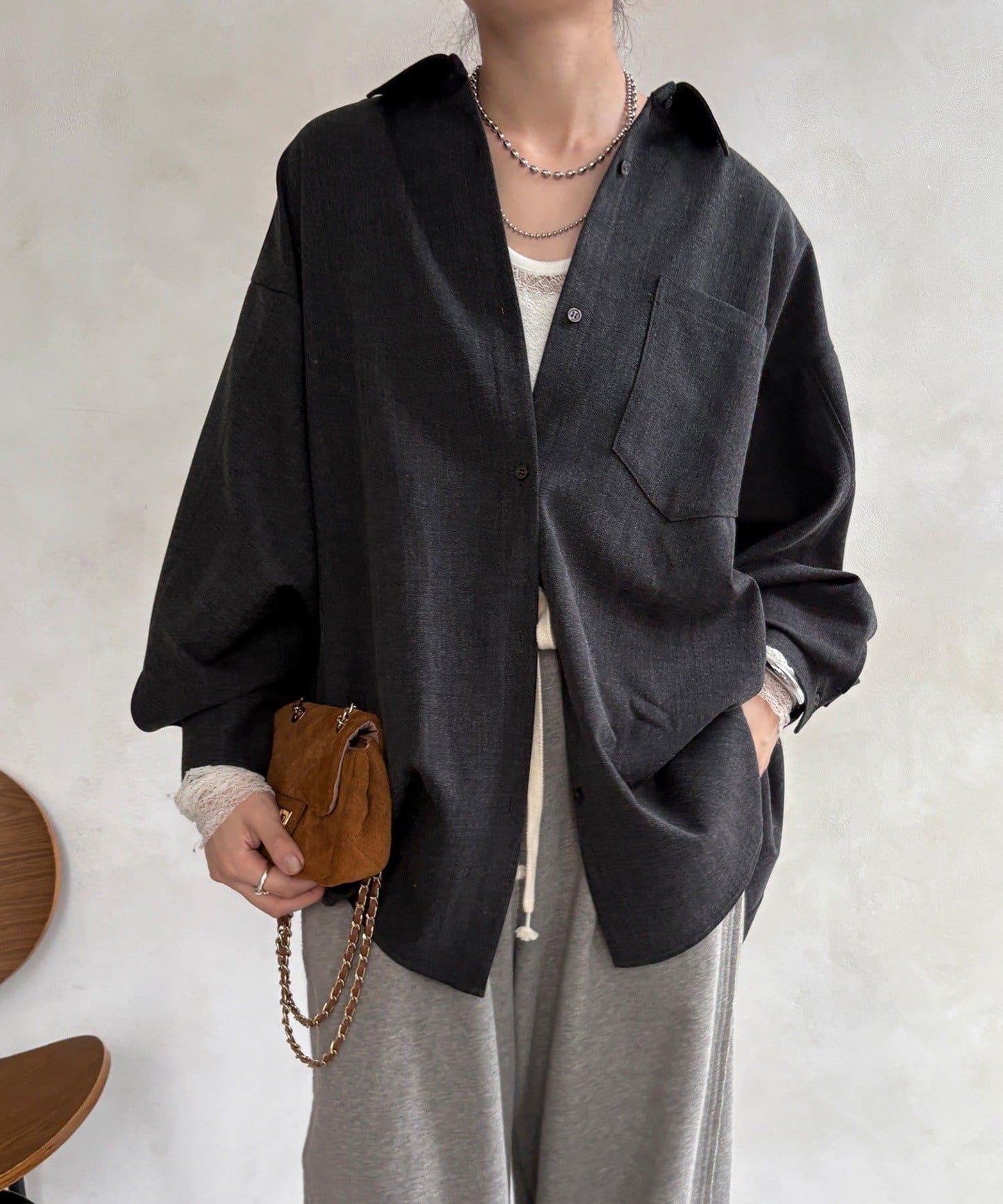 羊毛風寬鬆蝙蝠袖大襯衫