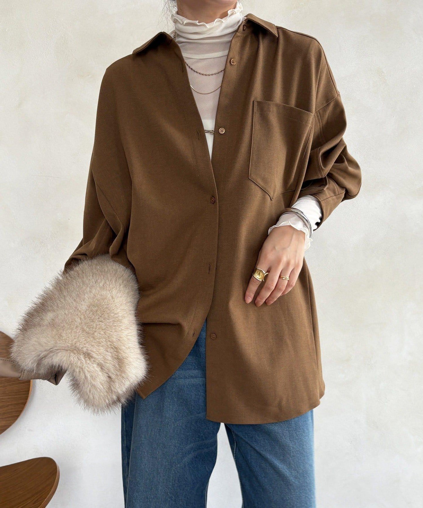 羊毛風寬鬆蝙蝠袖大襯衫