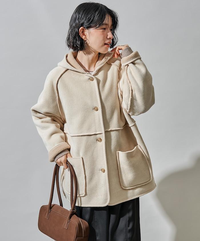 可雙面穿連帽燈芯絨羊羔絨夾克