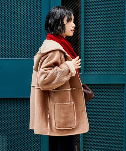 可雙面穿連帽燈芯絨羊羔絨夾克