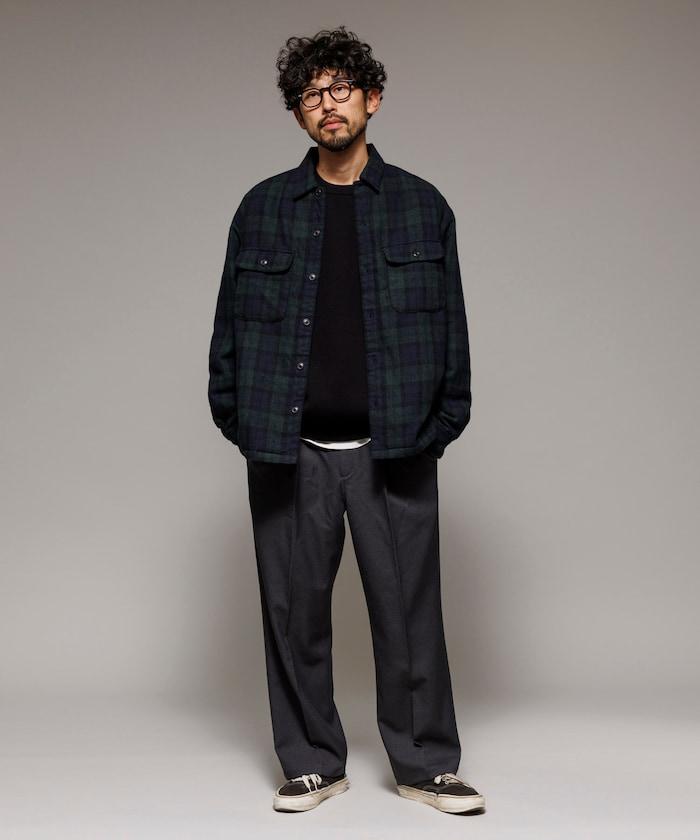 寬鬆版型水洗羊毛混紡法蘭絨加棉格紋襯衫夾克