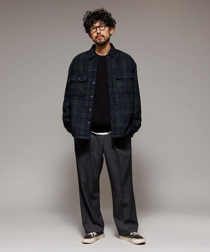 寬鬆版型水洗羊毛混紡法蘭絨加棉格紋襯衫夾克