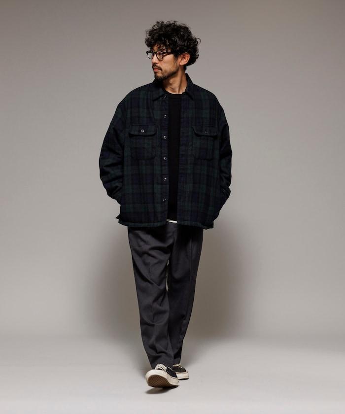 寬鬆版型水洗羊毛混紡法蘭絨加棉格紋襯衫夾克