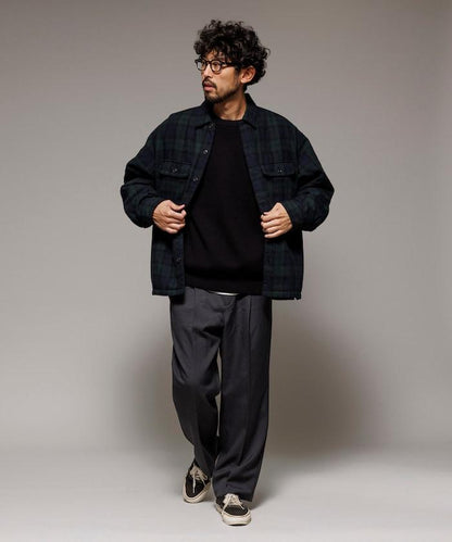 寬鬆版型水洗羊毛混紡法蘭絨加棉格紋襯衫夾克