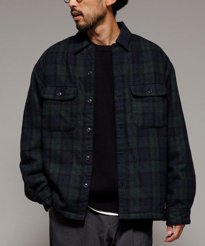 寬鬆版型水洗羊毛混紡法蘭絨加棉格紋襯衫夾克
