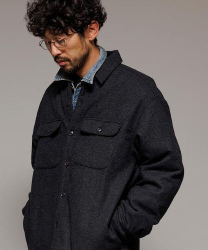 寬鬆版型水洗羊毛混紡法蘭絨加棉格紋襯衫夾克