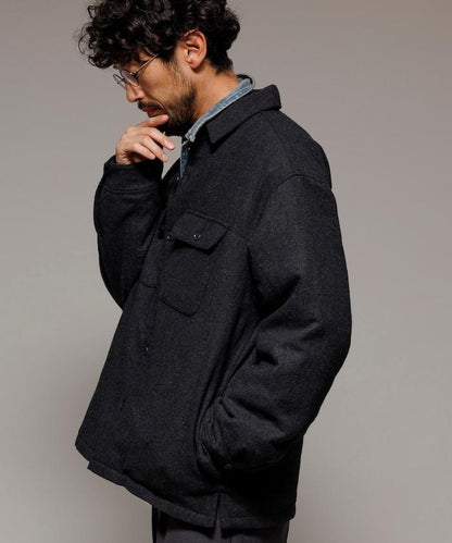 寬鬆版型水洗羊毛混紡法蘭絨加棉格紋襯衫夾克