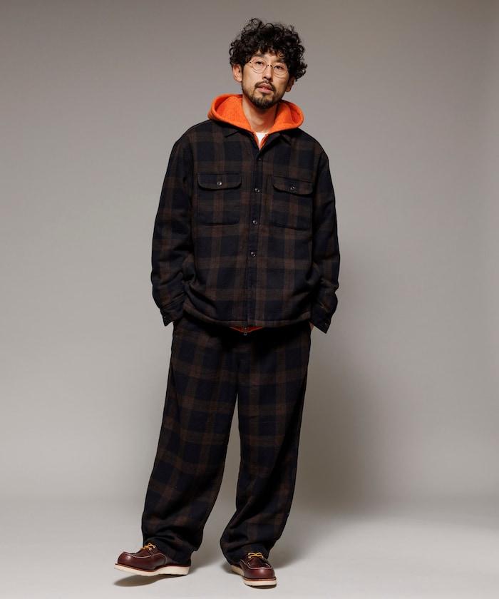 寬鬆版型水洗羊毛混紡法蘭絨加棉格紋襯衫夾克