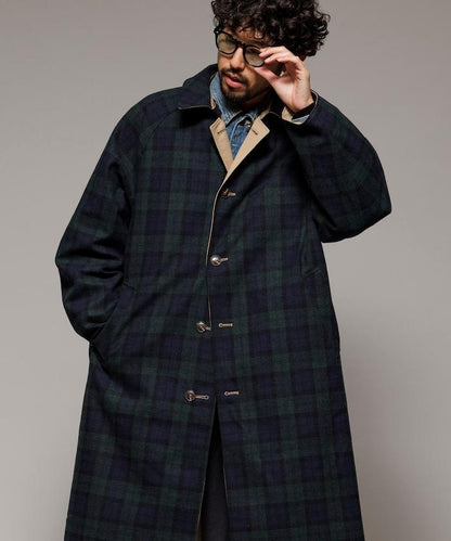 可雙面穿羊毛混紡法蘭絨格紋巴爾馬肯大衣