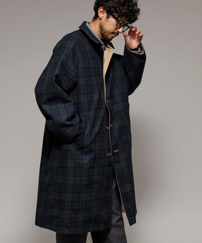 可雙面穿羊毛混紡法蘭絨格紋巴爾馬肯大衣