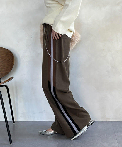側邊條紋寬腿褲