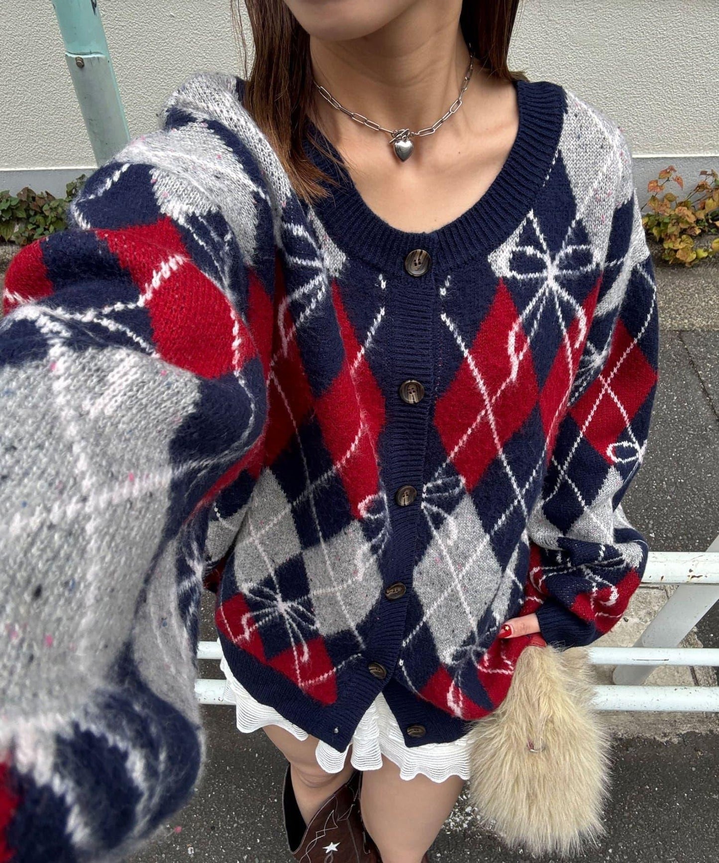 蝴蝶結菱格針織開衫