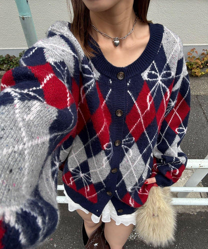 蝴蝶結菱格針織開衫