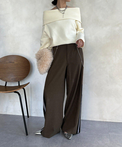 側邊條紋寬腿褲