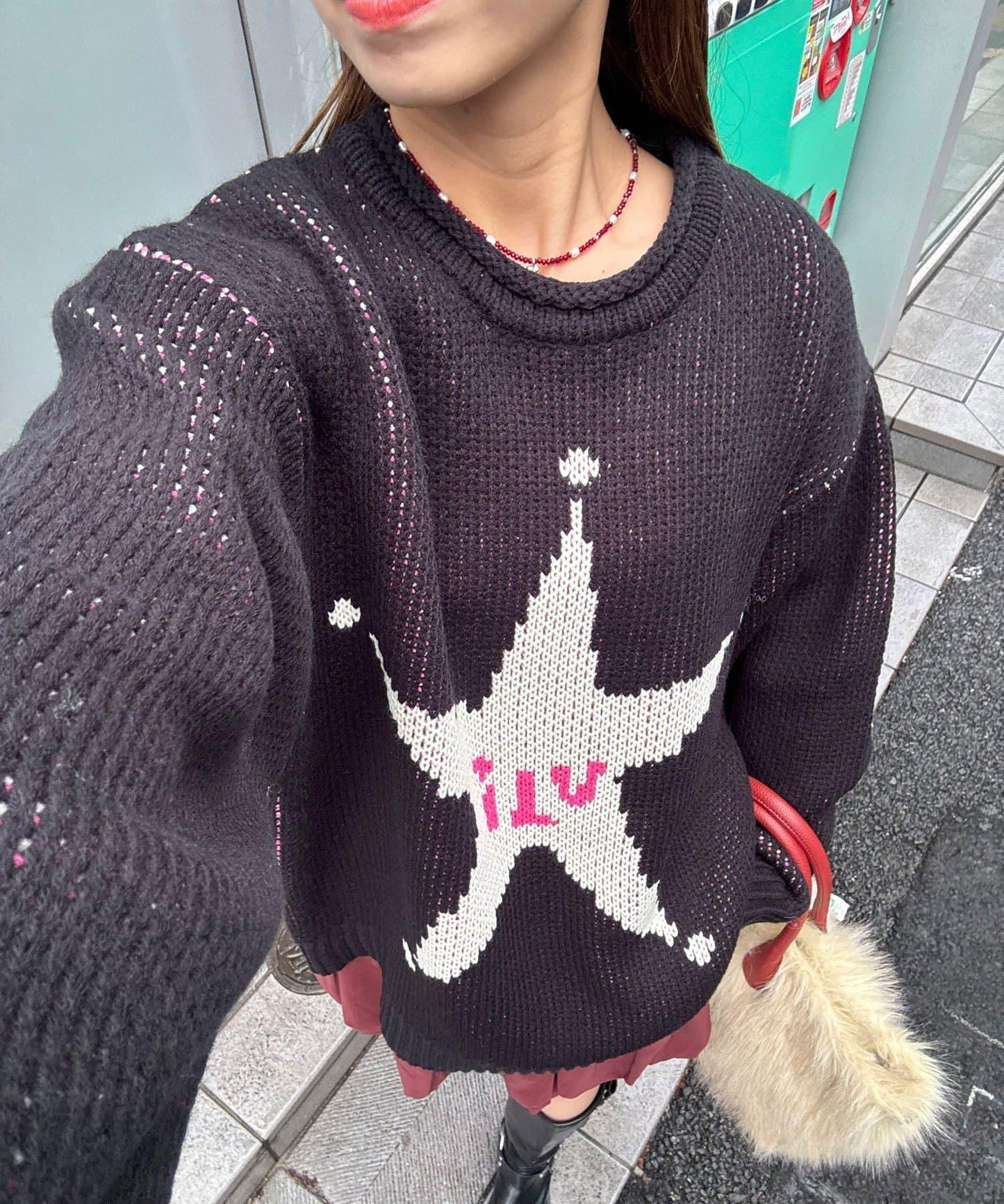 低密度提花拼接寬鬆針織衫