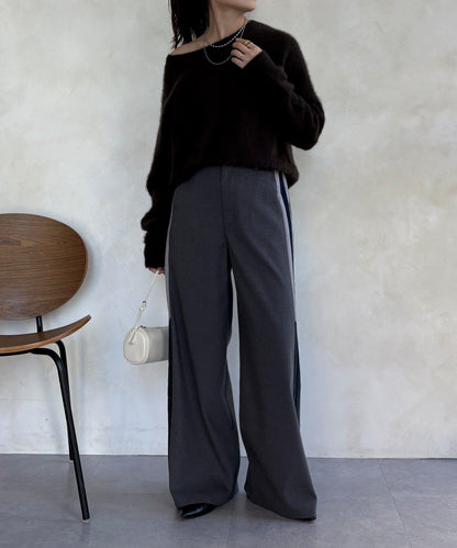 側邊條紋寬腿褲