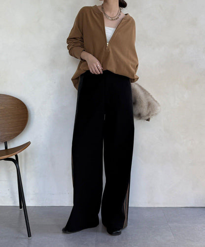 側邊條紋寬腿褲