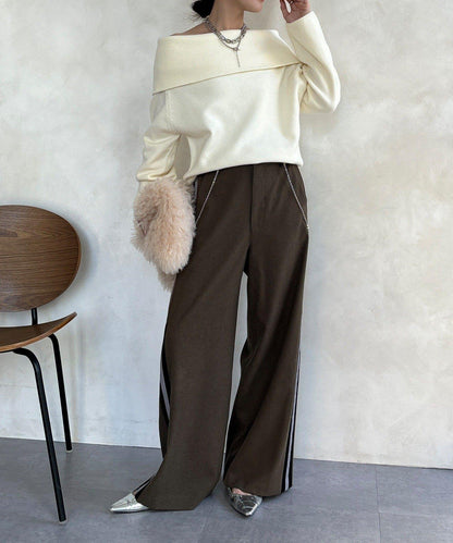 側邊條紋寬腿褲