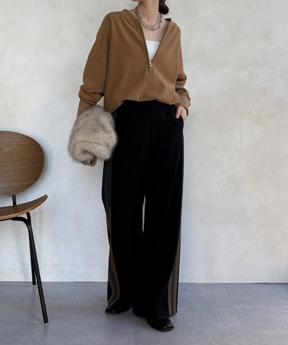 側邊條紋寬腿褲