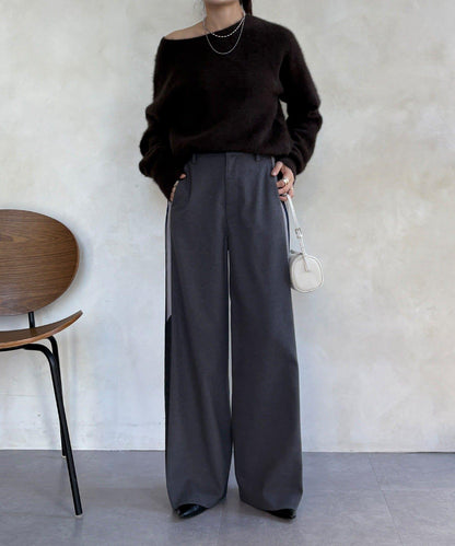 側邊條紋寬腿褲