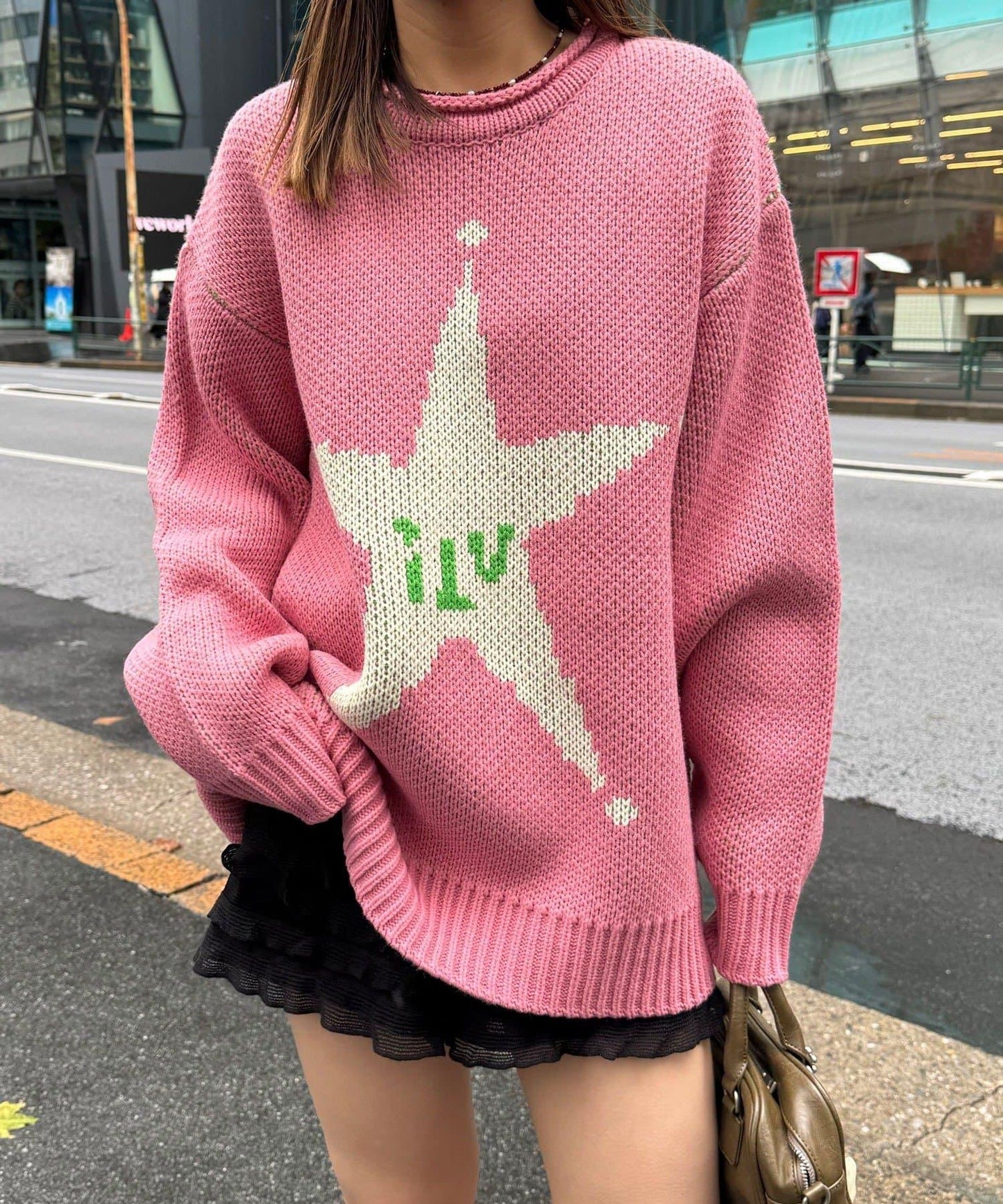 低密度提花拼接寬鬆針織衫