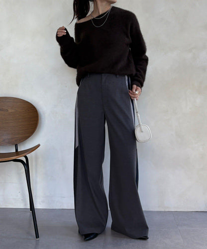 側邊條紋寬腿褲