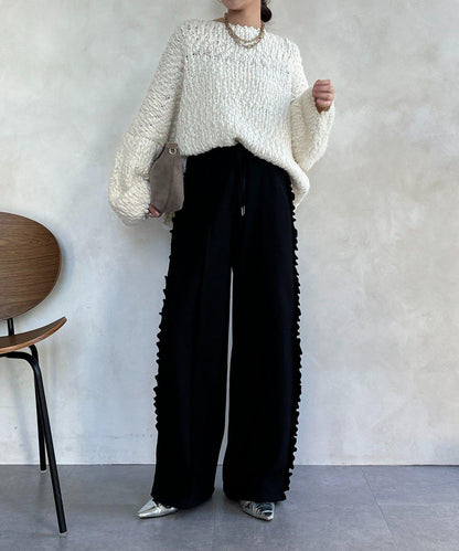 剪裁喬其紗側邊荷葉邊褲