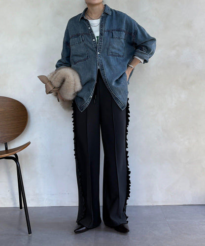 剪裁喬其紗側邊荷葉邊褲