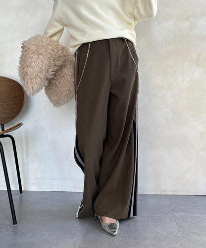 側邊條紋寬腿褲