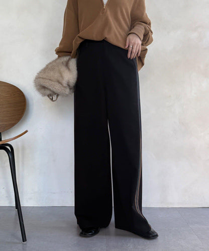 側邊條紋寬腿褲