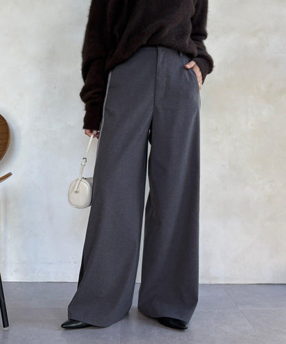 側邊條紋寬腿褲