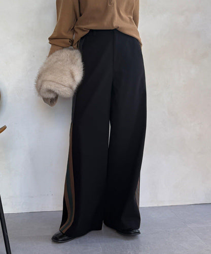 側邊條紋寬腿褲